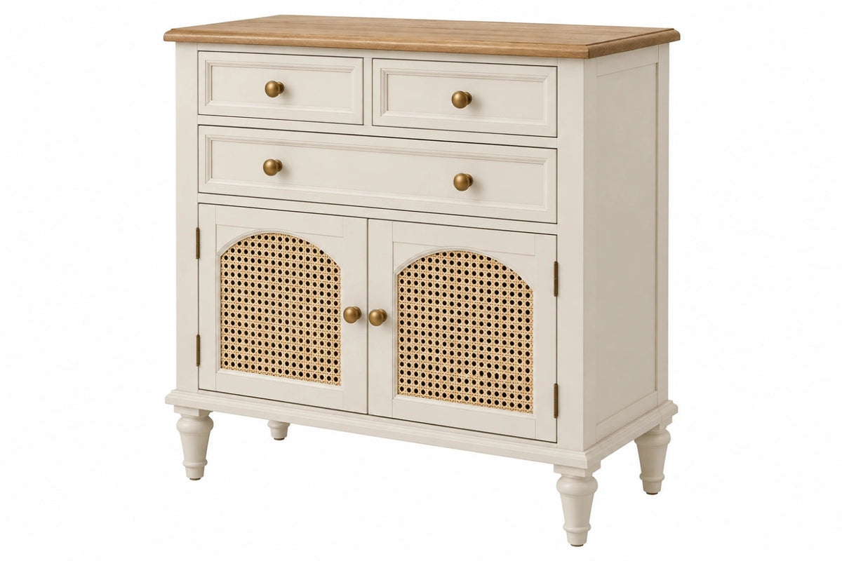 Credenza 100 x 40 x 90 cm in legno bianco e naturale con rattan - stile rustico contenitore