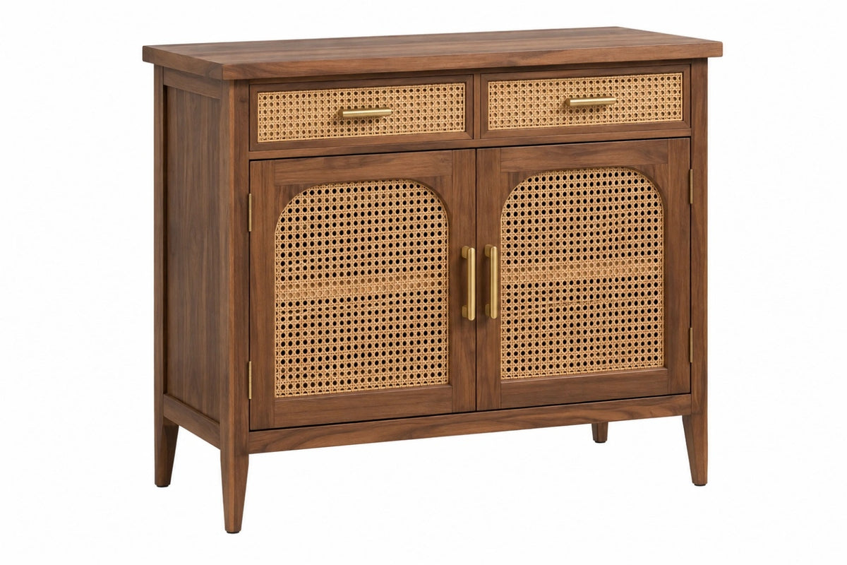 Credenza 100 x 45 x 95 cm in legno marrone con rattan intrecciato - stile naturale con 2 ante e 2 cassetti