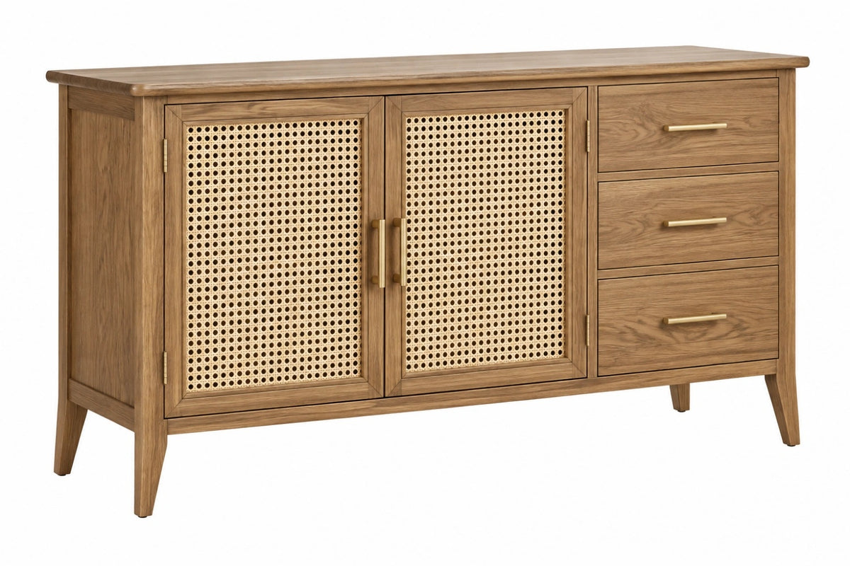 Credenza 160 cm in legno marrone con ante in rattan e 3 cassetti stile naturale