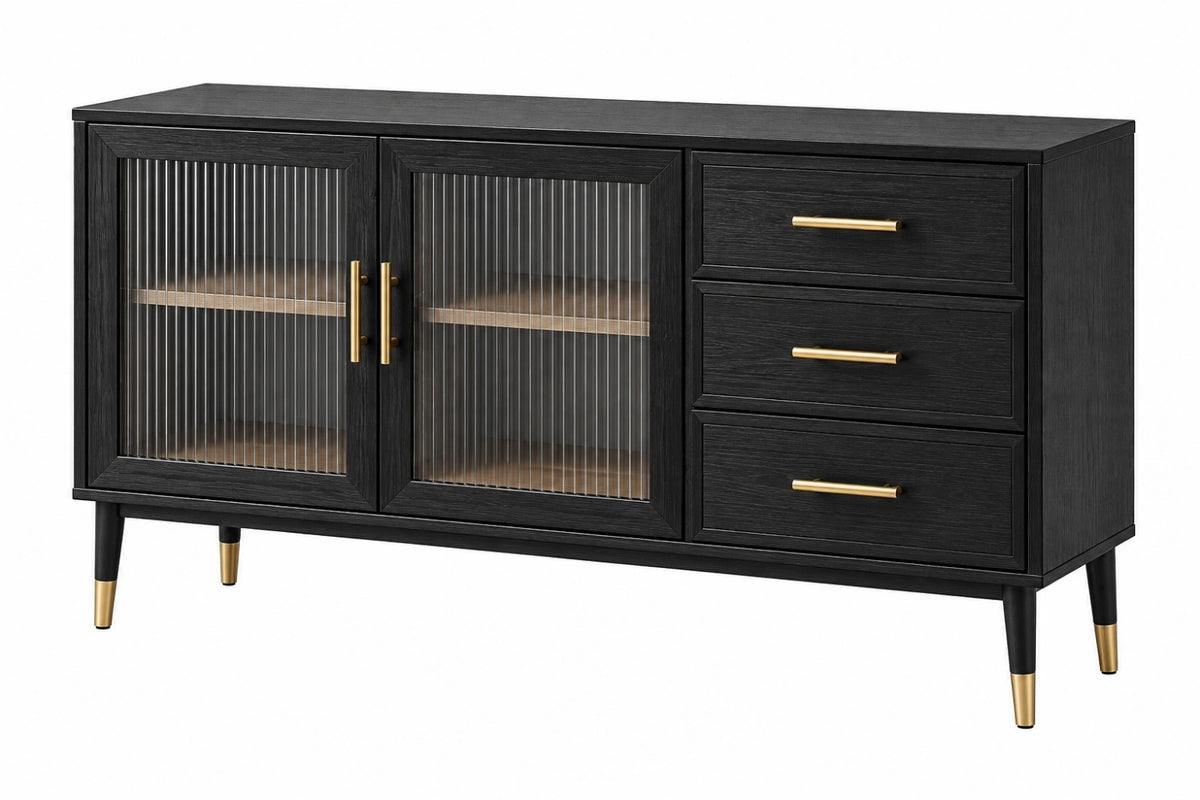 Credenza 160x40x90 cm in legno nero con vetro rigato e 3 cassetti stile moderno
