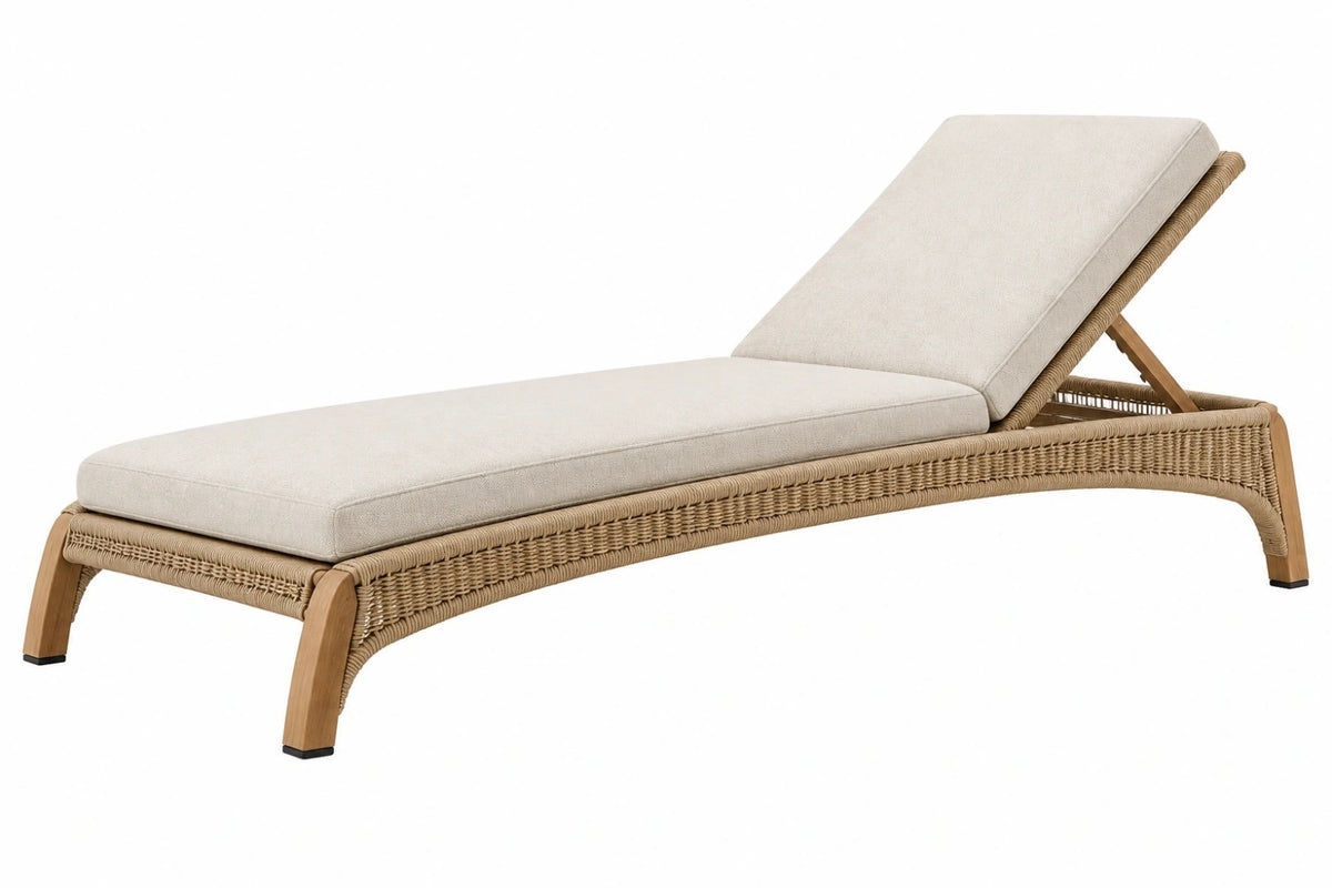 Lettino prendisole 200 x 70 cm in legno e intreccio beige con schienale regolabile