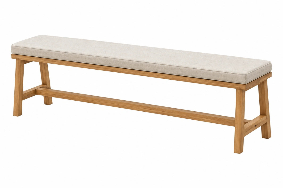Panca 180 x 40 x 45 cm in legno massello beige con seduta imbottita stile moderno
