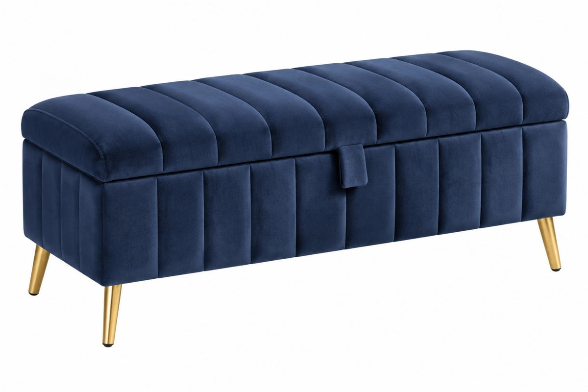 Panca contenitore 120 x 45 x 48 cm in velluto blu con gambe dorate stile moderno