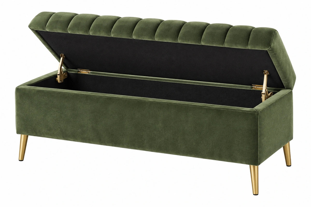 Panca contenitore 150 x 45 x 75 cm in velluto verde con gambe dorate stile moderno