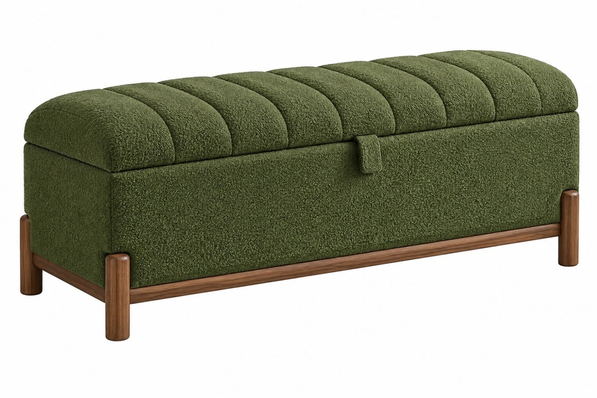 Panca contenitore 120 cm in tessuto bouclé verde con struttura in legno stile moderno