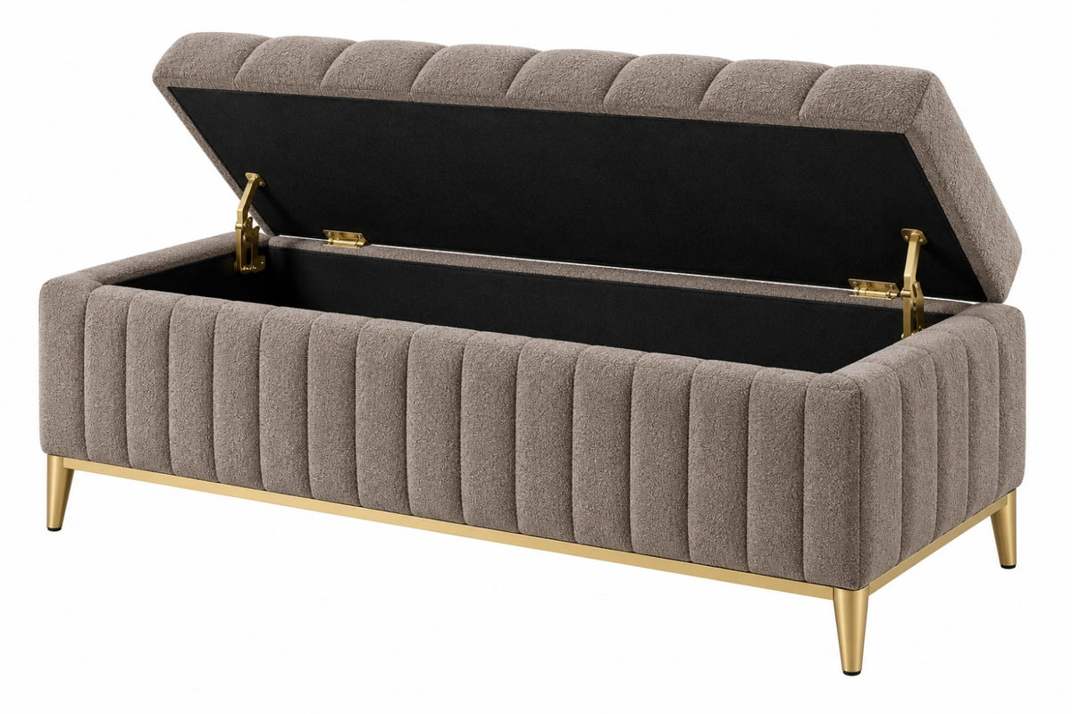 Panca contenitore 120 x 45 x 48 cm in tessuto bouclé tortora con gambe in metallo dorato - stile moderno