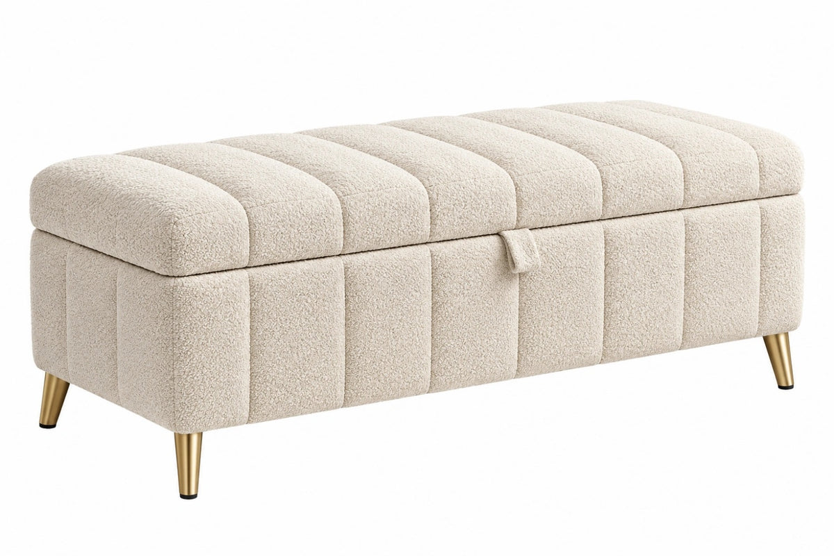 Panca contenitore 110 x 40 x 45 cm in tessuto bouclé crema con gambe in metallo dorato - stile moderno