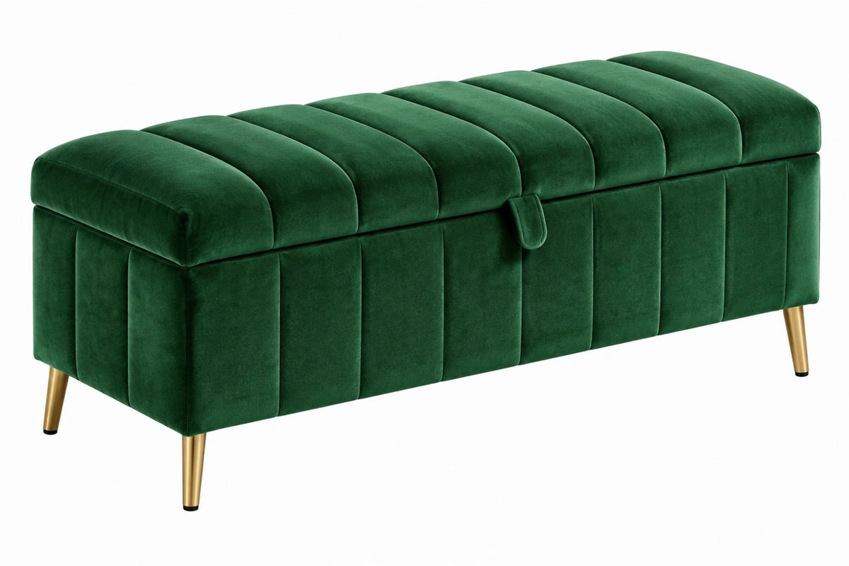 Panca contenitore 120 x 45 x 45 cm in velluto verde con seduta imbottita stile moderno