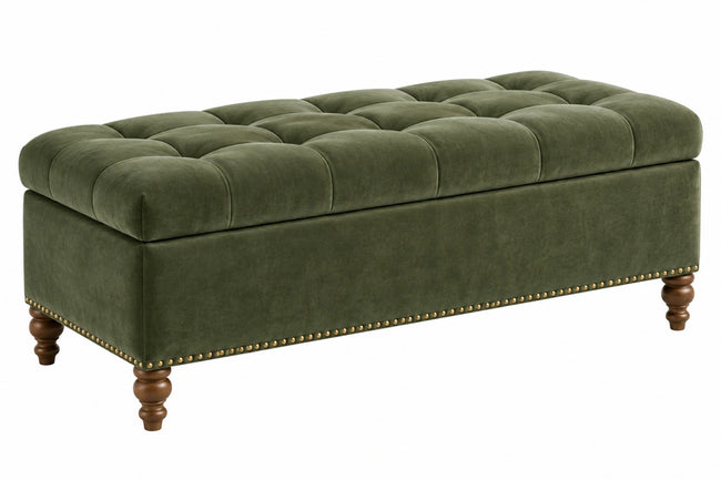 Panca contenitore 120 x 50 x 48 cm in velluto verde con gambe in legno stile classico