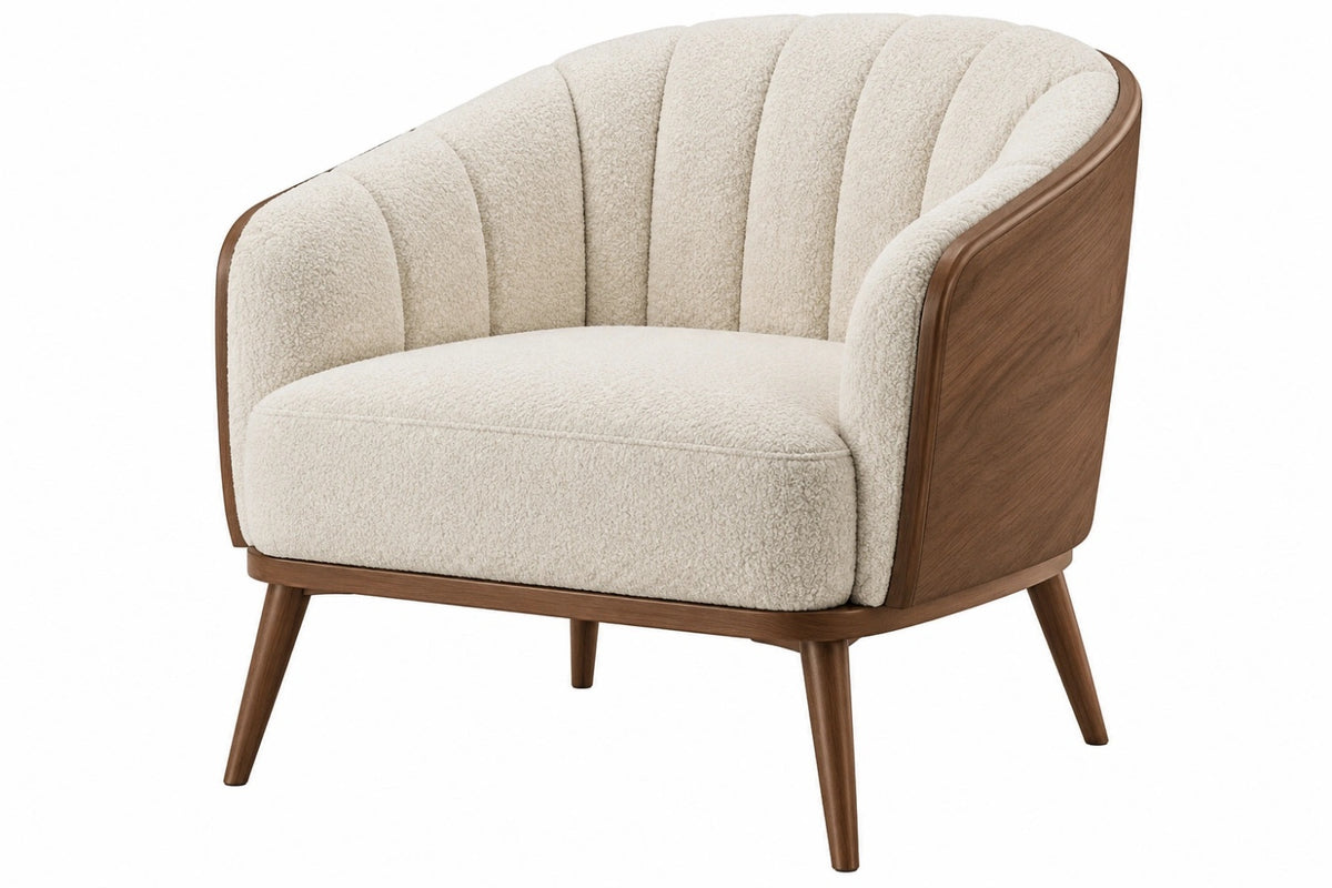 Poltrona 78 x 75 x 77 cm in tessuto bouclé avorio e legno noce - stile moderno