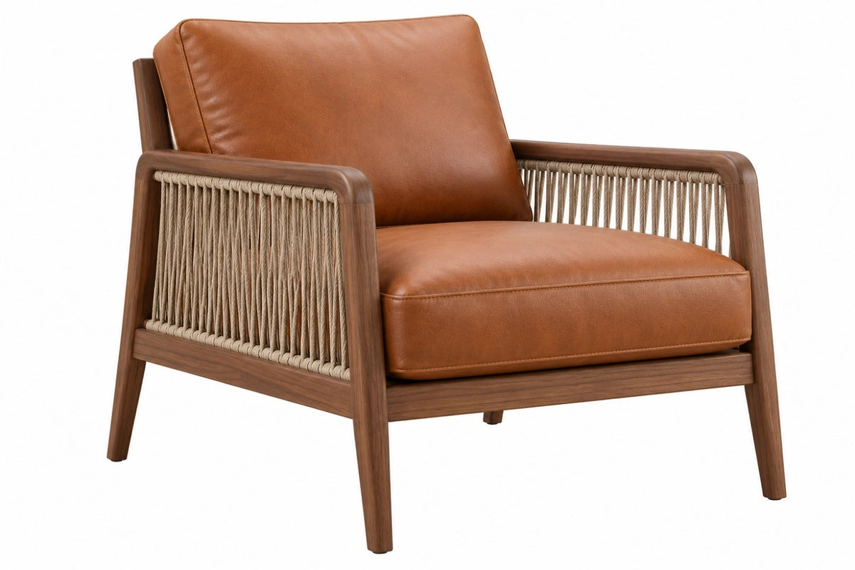 Poltrona 78 x 80 x 82 cm in legno marrone con rivestimento effetto pelle e corda intrecciata stile moderno
