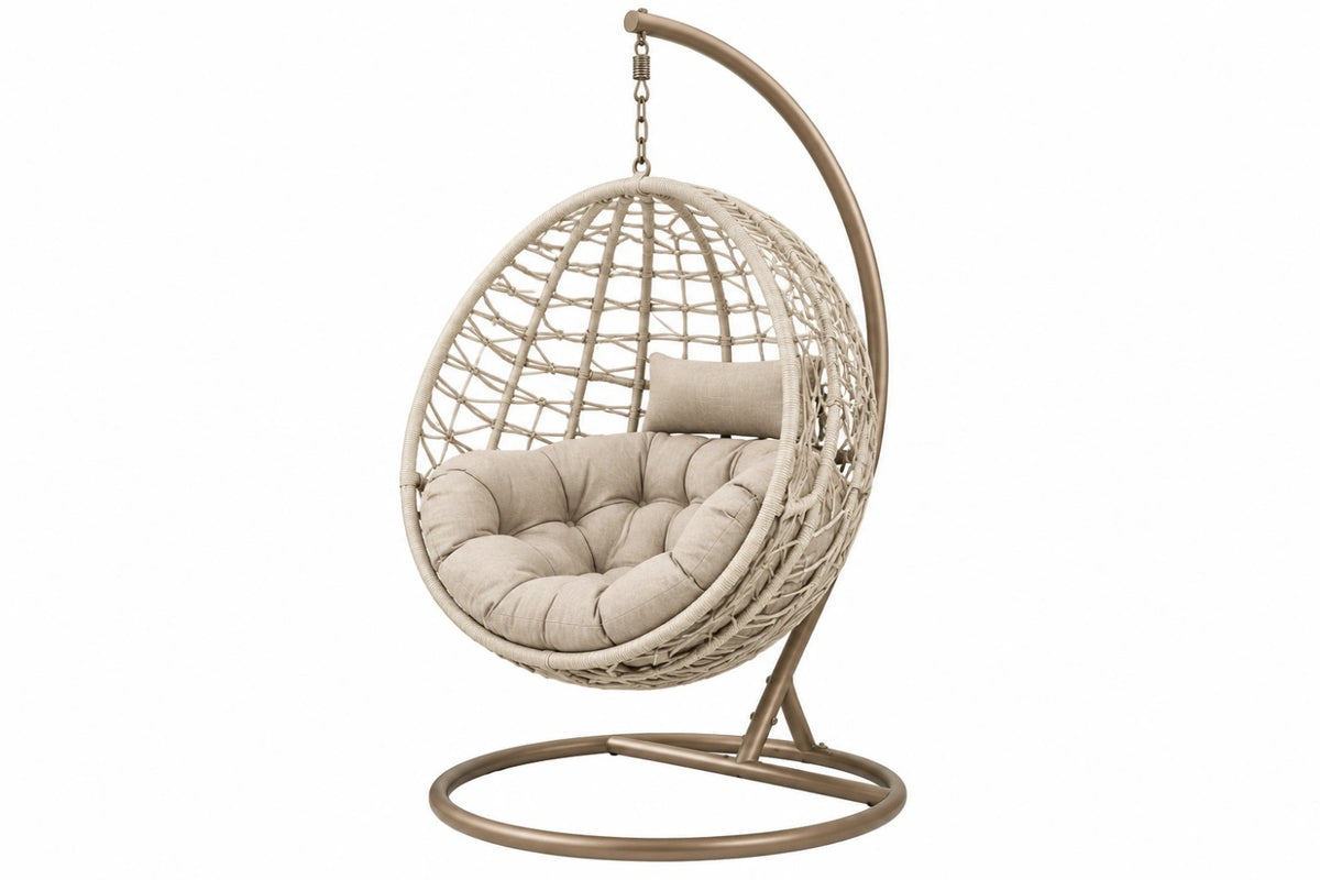 Poltrona sospesa a uovo 105 x 105 x 195 cm in vimini beige con struttura in acciaio per giardino stile boho