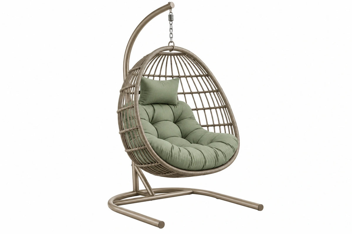 Poltrona sospesa 105 x 105 x 195 cm in metallo e rattan sintetico tortora con seduta verde
