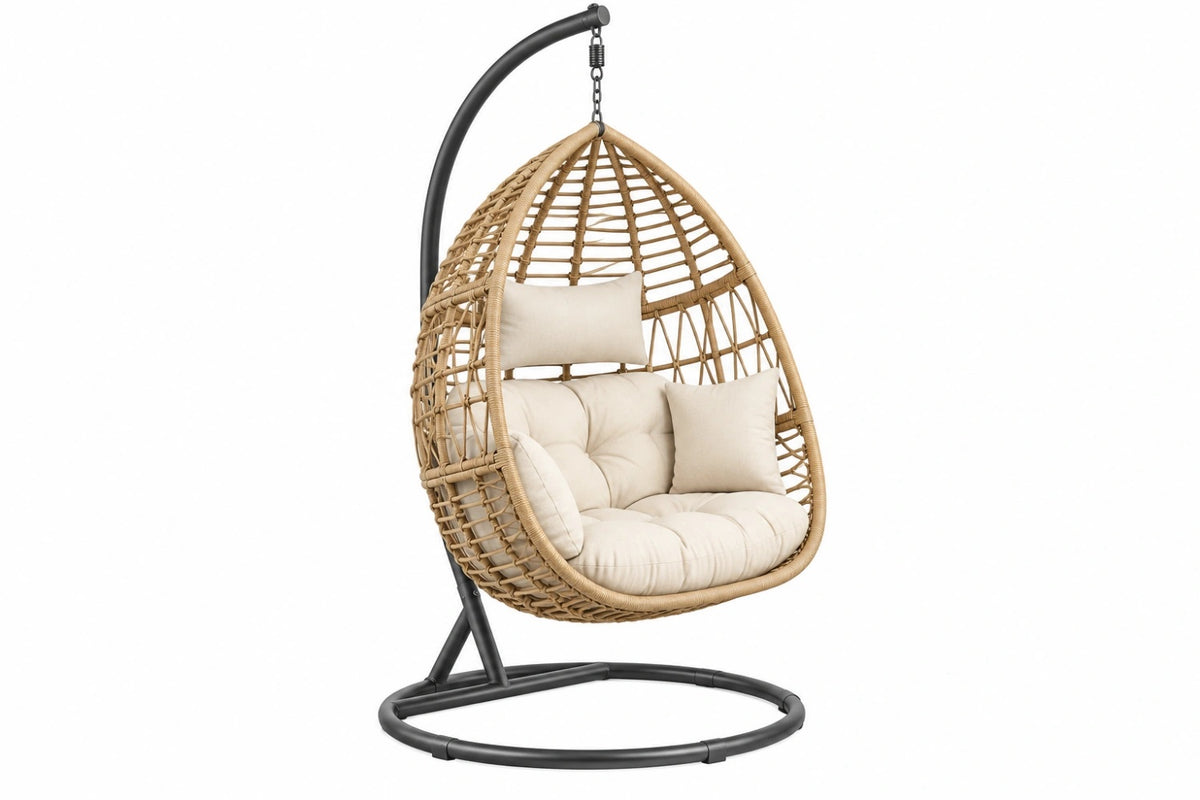 Poltrona sospesa da giardino 105 x 105 x 195 cm in fibra intrecciata beige con supporto in metallo nero