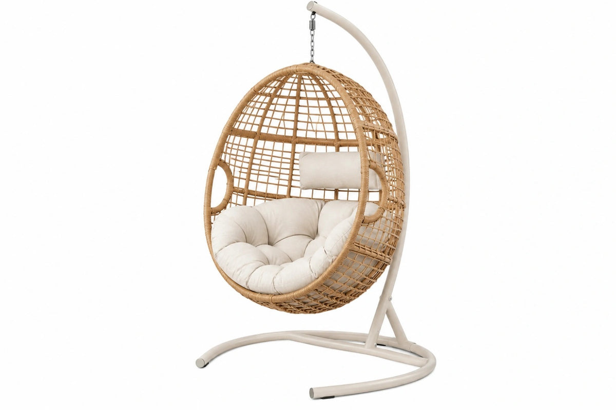 Poltrona sospesa 105 x 105 x 195 cm in rattan naturale e metallo bianco stile boho da esterno