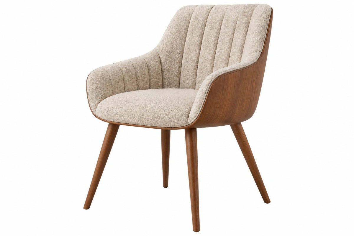 Sedia imbottita 62 x 60 x 85 cm in tessuto bouclé beige e legno noce stile moderno