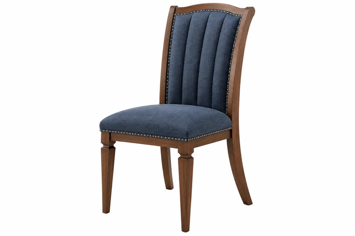 Sedia da pranzo 52 x 61 x 105 cm in legno marrone e tessuto blu stile classico imbottita