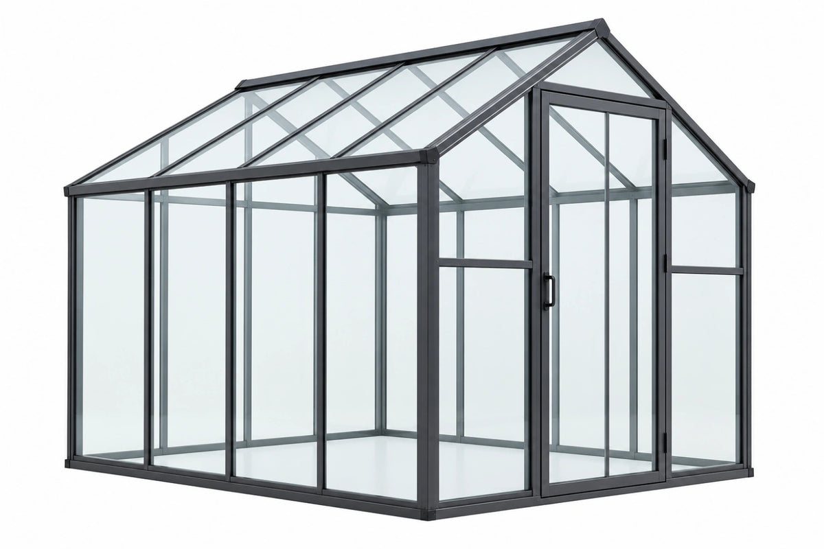 Serra da giardino 300 x 250 x 250 cm in alluminio nero e pannelli trasparenti - struttura a tetto spiovente