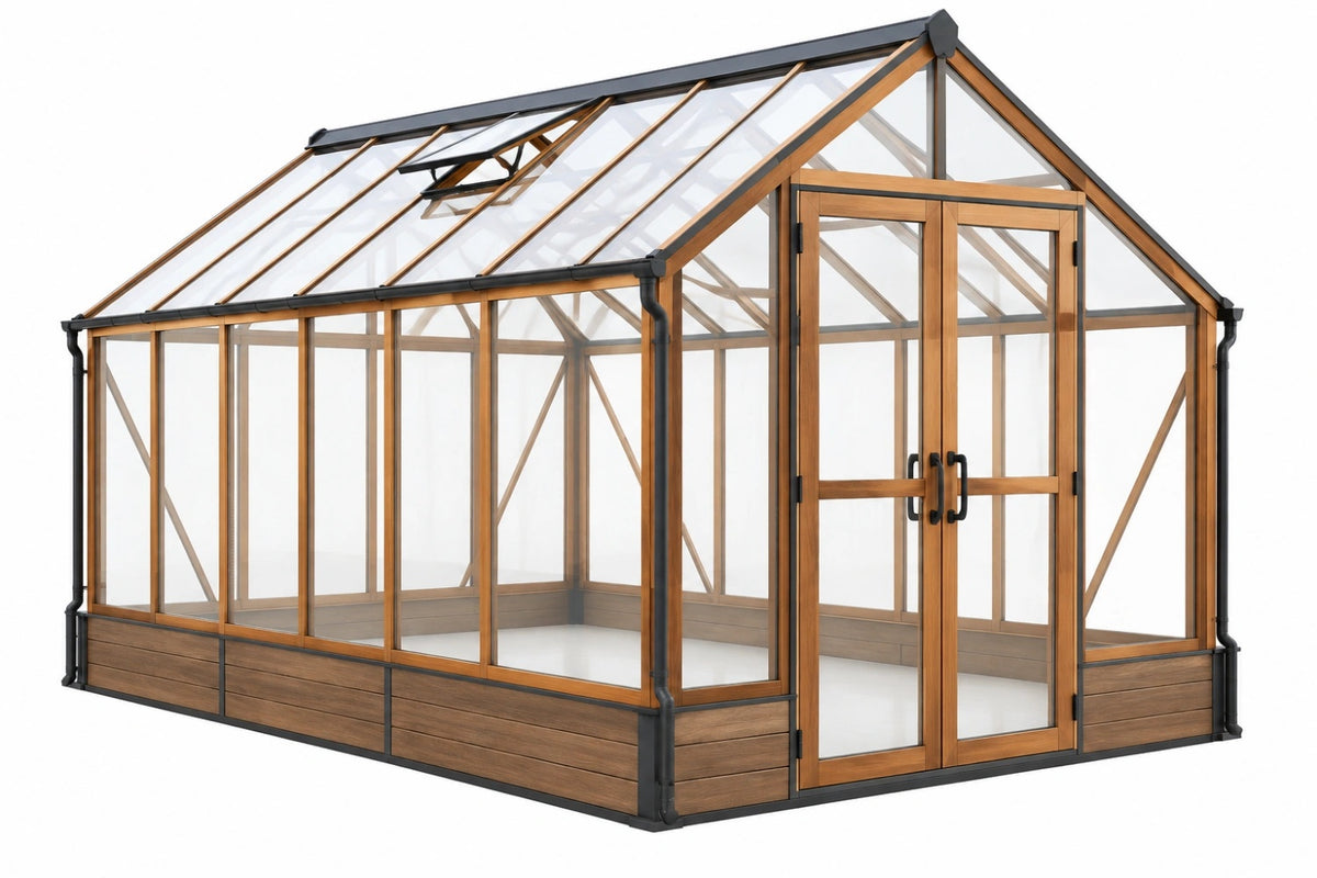 Serra da giardino 300 x 240 x 270 cm in legno marrone con pannelli trasparenti - tetto apribile