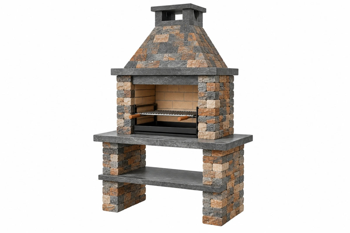 Barbecue da giardino 120 x 70 x 220 cm in pietra grigio marrone con griglia e camino