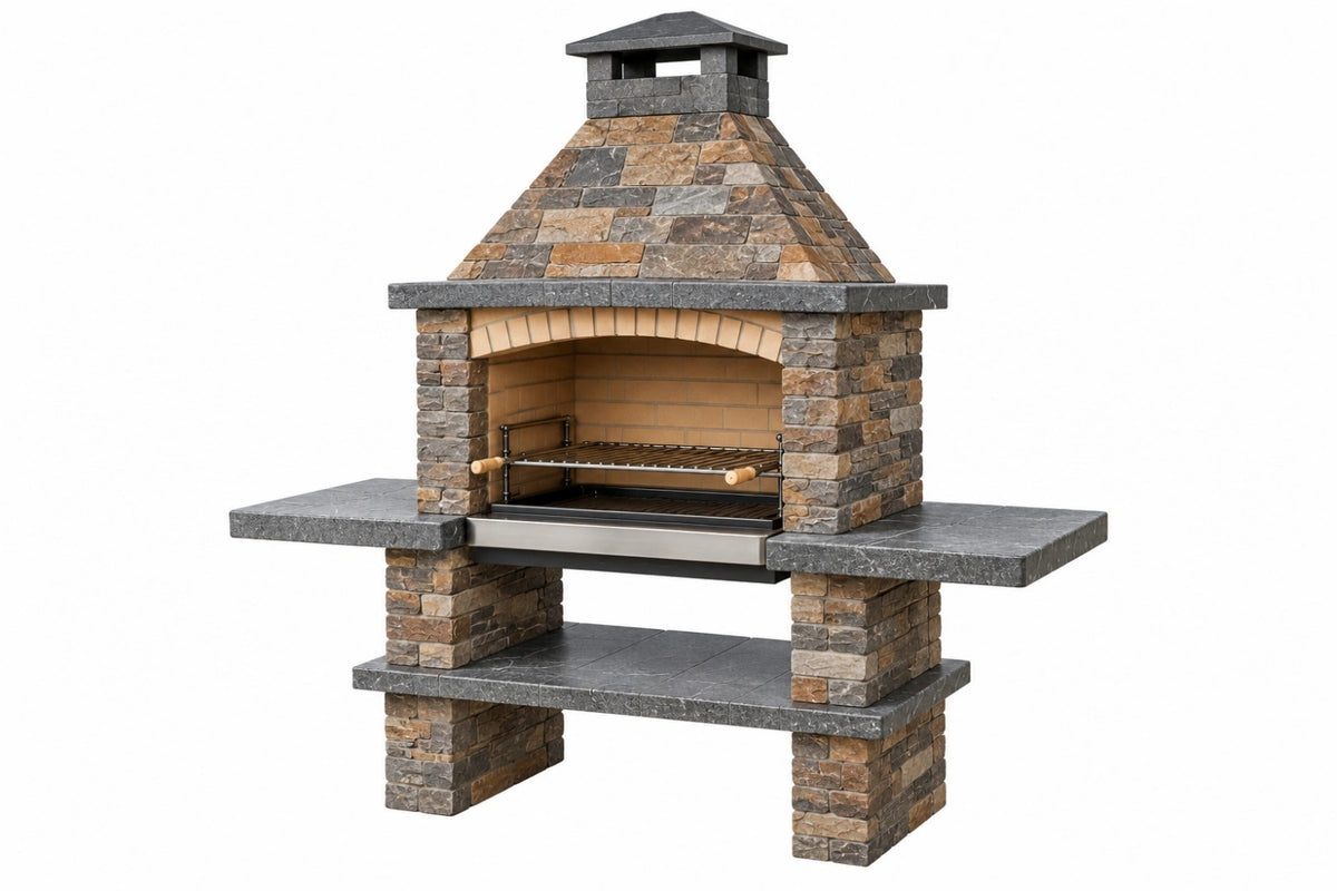 Barbecue da giardino 180 x 75 x 250 cm in pietra multicolore con griglia in acciaio stile rustico