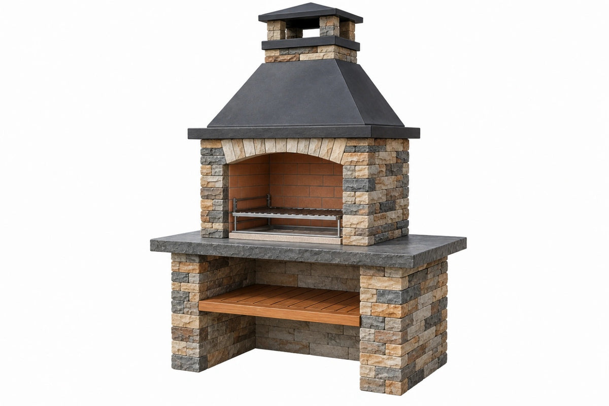 Barbecue da giardino 140 x 80 x 230 cm in pietra e acciaio nero con griglia e cappa