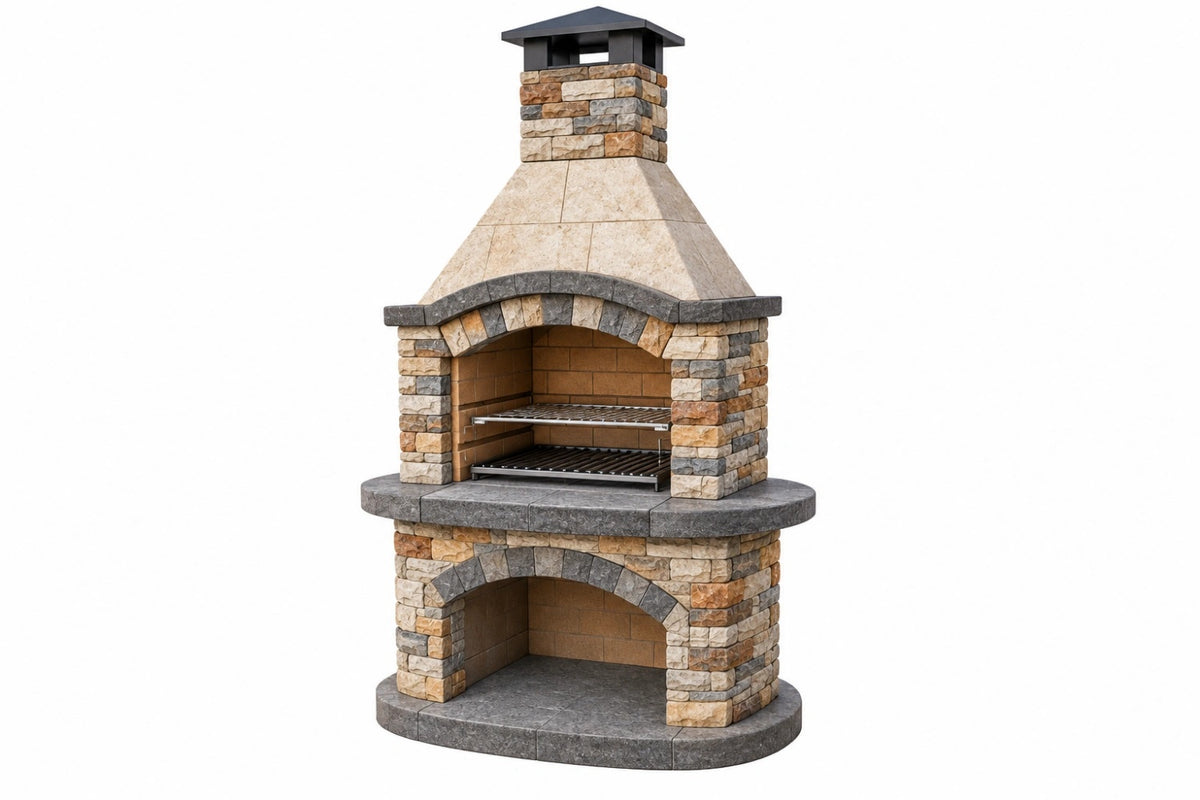Barbecue da esterno 140 x 90 x 250 cm in pietra beige e grigio con griglie doppie stile rustico