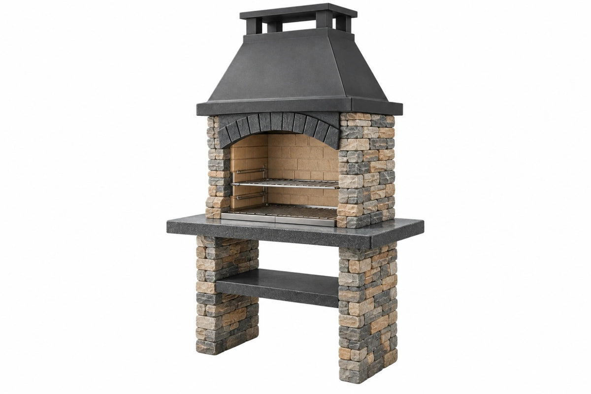 Barbecue da giardino 120 x 70 x 210 cm in pietra e metallo nero con griglie regolabili stile rustico
