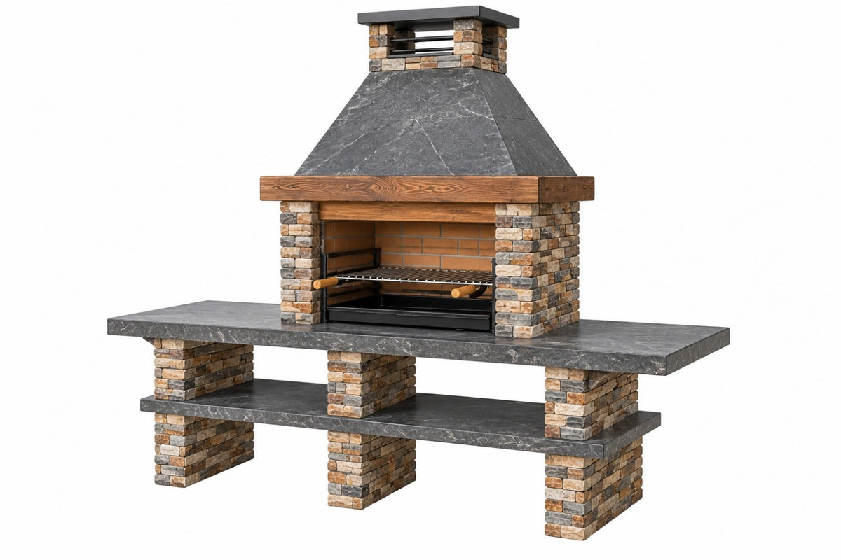 Barbecue da giardino 200 x 70 x 240 cm in pietra grigio marrone con griglia stile rustico