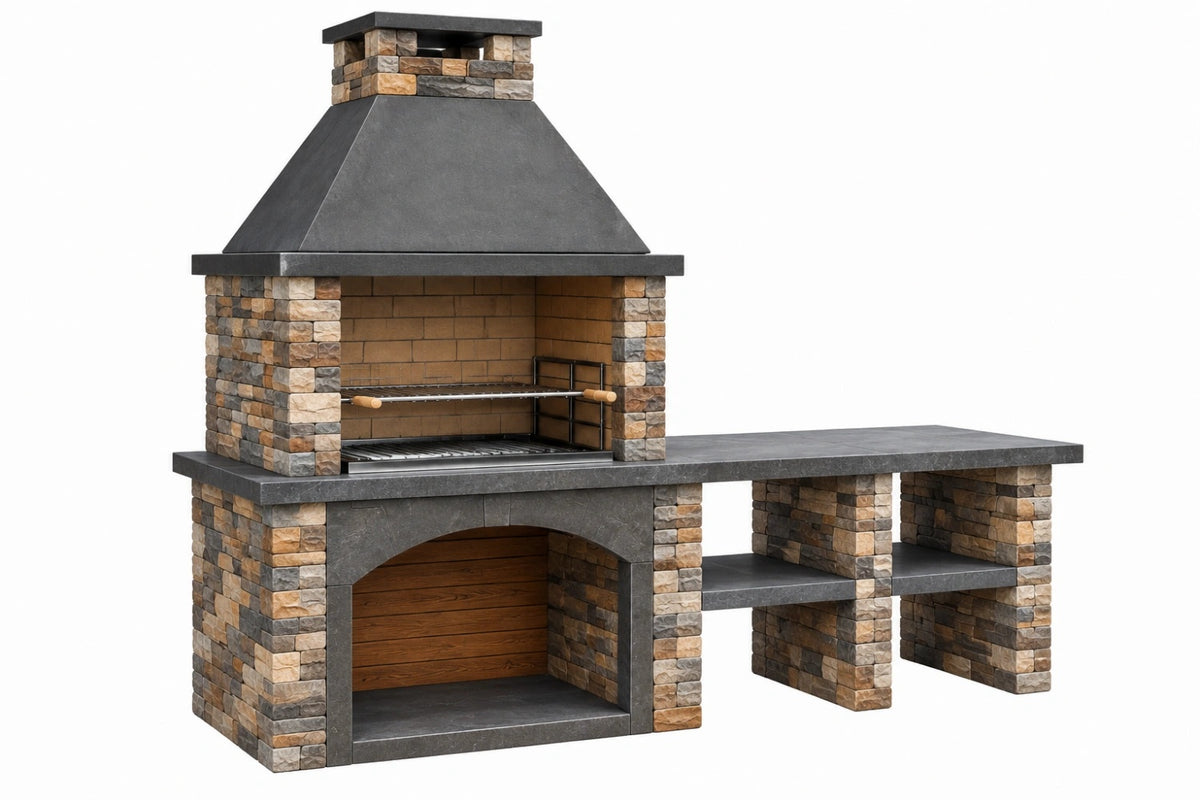 Barbecue da giardino 180 x 70 x 220 cm in pietra grigio marrone con griglia in acciaio stile rustico