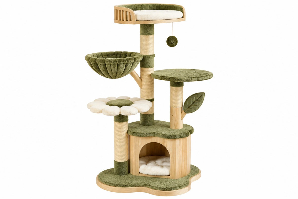 Albero tiragraffi per gatti 60 x 50 x 145 cm in legno verde e beige con tiragraffi e cuccia