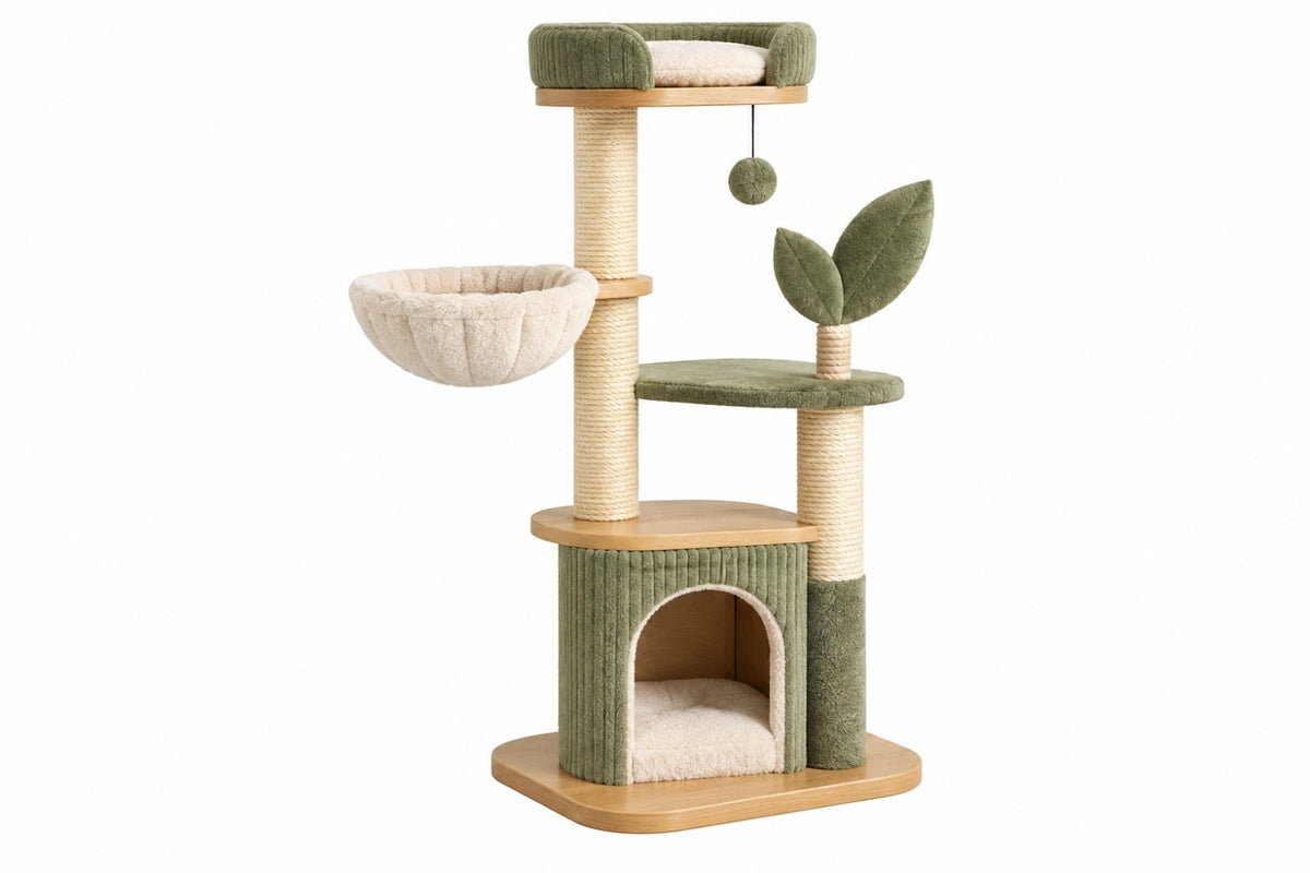 Tiragraffi per gatti 60 x 60 x 145 cm in legno sisal e tessuto verde - torre con cuccia e amaca