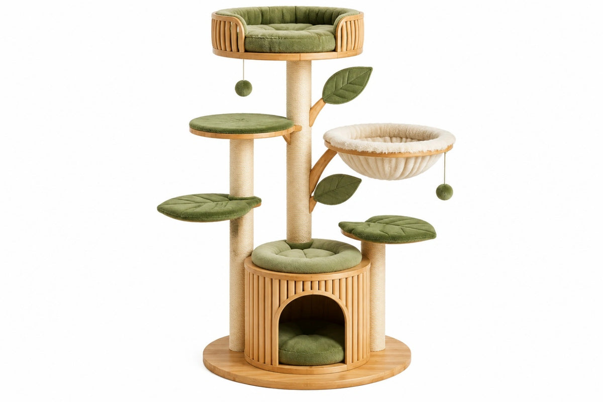 Tiragraffi per gatti 80 x 180 cm in bambù verde con cuccia e piattaforme