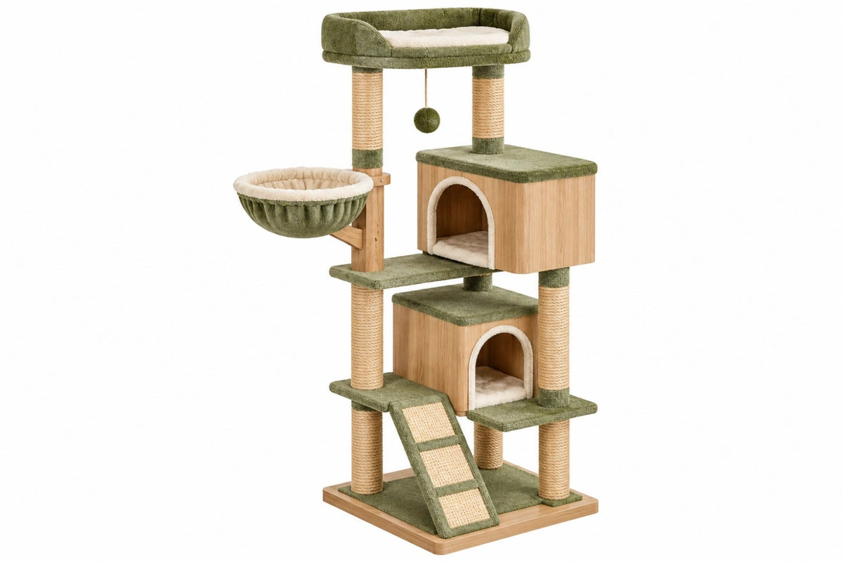 Tiragraffi per gatti 60 x 50 x 150 cm in legno sisal e tessuto verde con cucce e piattaforme