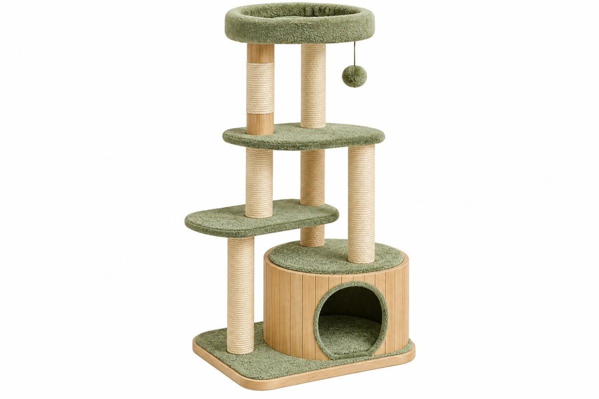 Tiragraffi per gatti 60 x 50 x 145 cm in legno sisal e tessuto verde con cuccia e piattaforme