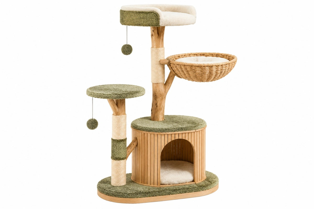 Albero tiragraffi per gatti 70 x 45 x 130 cm in legno sisal e tessuto verde beige con cuccia e giochi