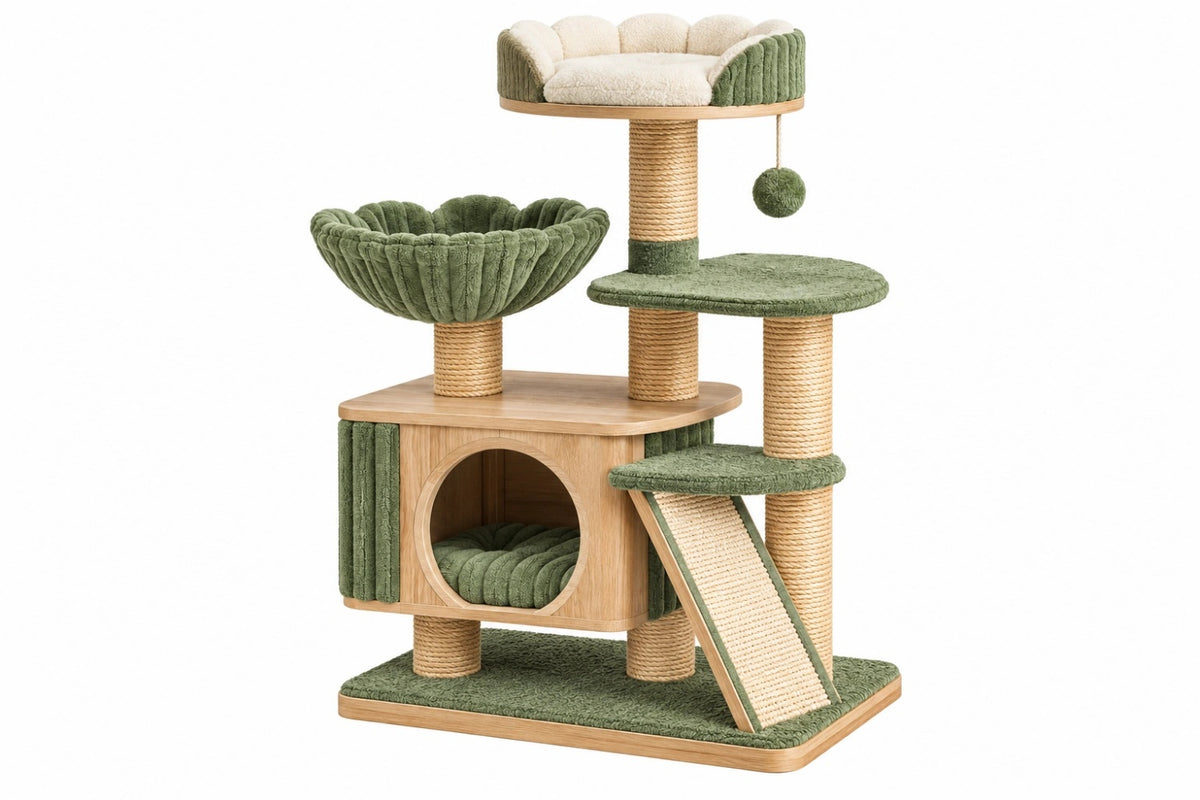 Albero tiragraffi per gatti 70 x 50 x 145 cm verde e naturale con sisal e tessuto peluche - torre gioco con cuccia e piattaforme