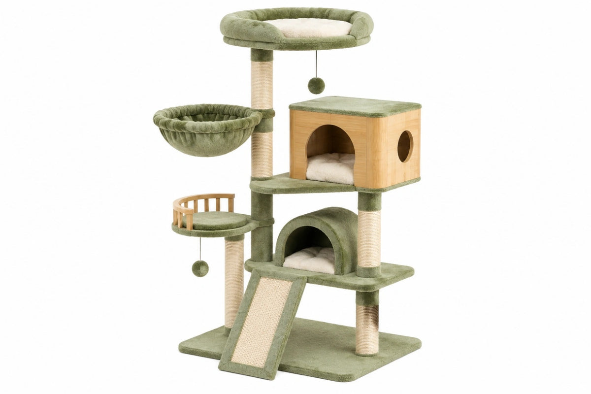 Albero tiragraffi per gatti 60 x 50 x 145 cm in legno e sisal verde con cucce e piattaforme