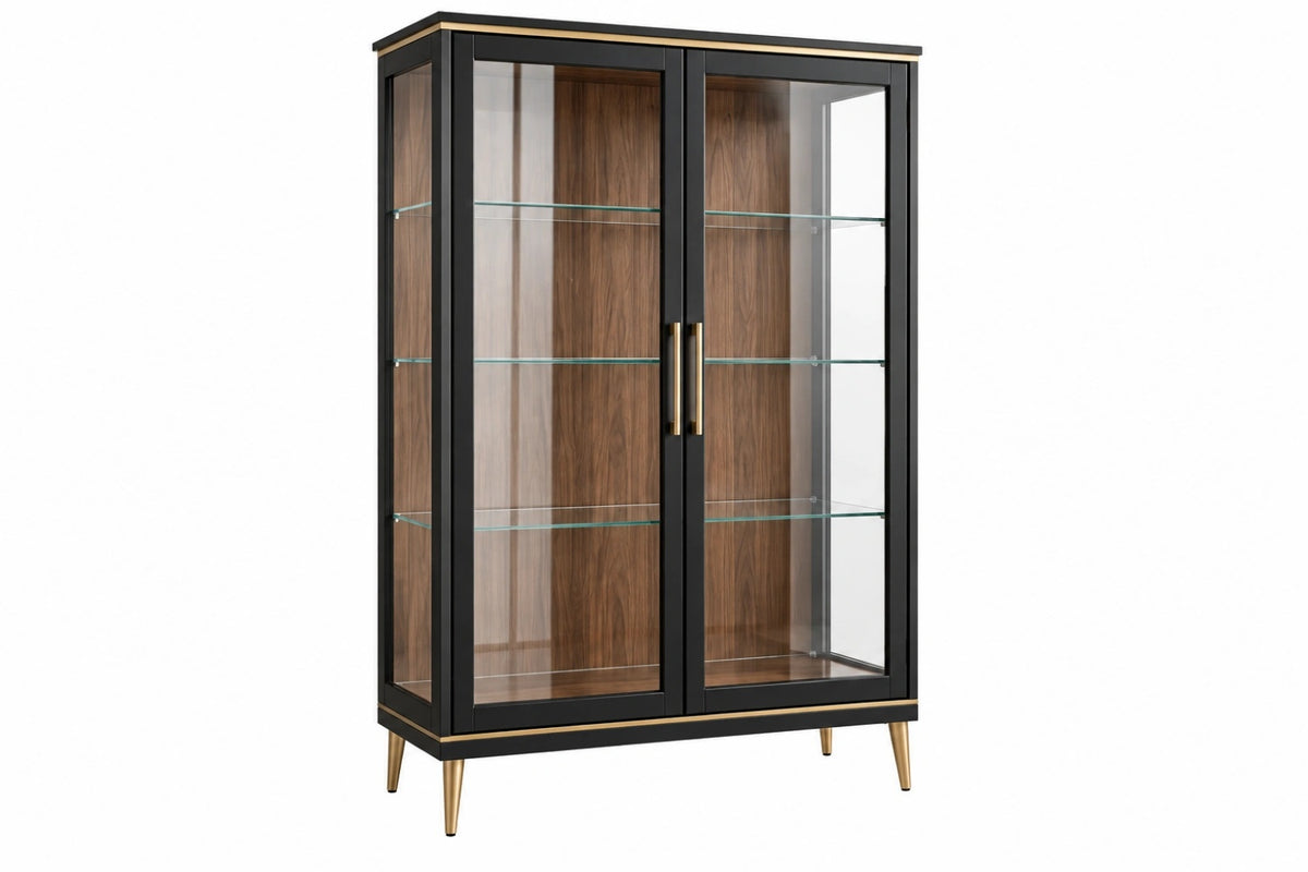 Vetrina 100 x 45 x 190 cm in vetro e legno marrone nero con 2 ante - stile moderno