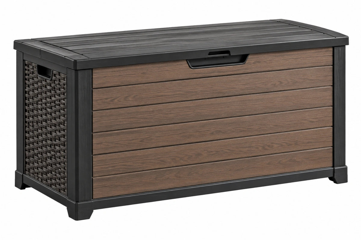 Cassapanca da esterno 145 x 70 x 60 cm in resina nero/marrone effetto legno con coperchio