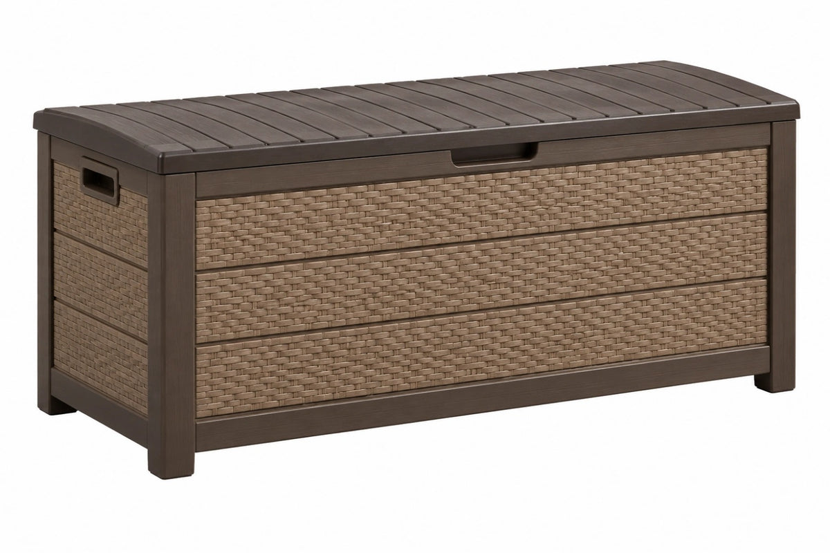 Cassapanca da giardino 120 x 56 x 63 cm in resina marrone effetto rattan con coperchio