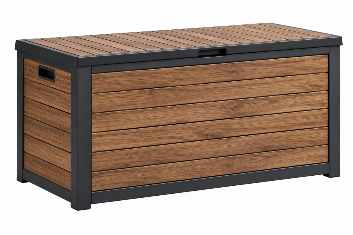 Cassapanca da esterno 120 x 60 x 65 cm in metallo e finitura effetto legno marrone - contenitore con coperchio