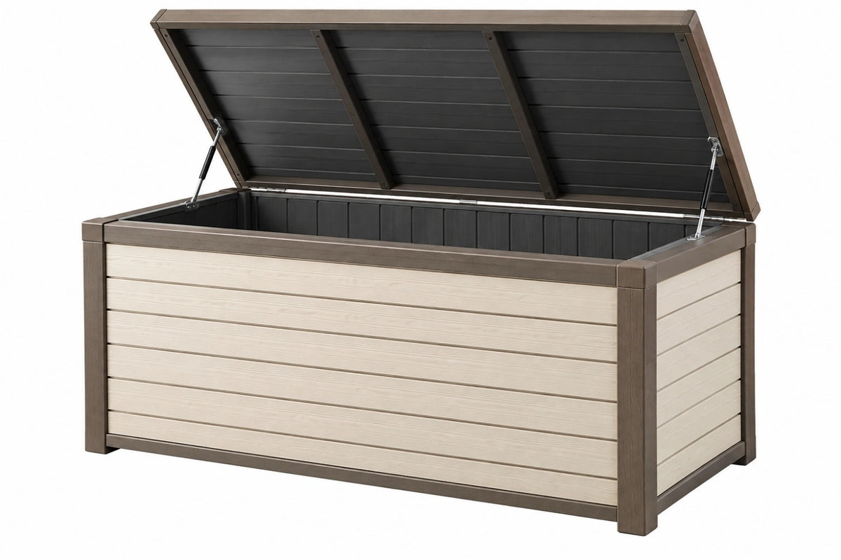 Cassapanca da esterno 150 x 70 x 70 cm in resina beige e marrone con coperchio a pistoni