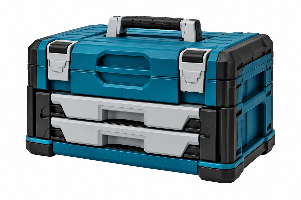 Cassetta portautensili 50 x 30 x 25 cm in plastica blu nero con 2 cassetti e maniglia