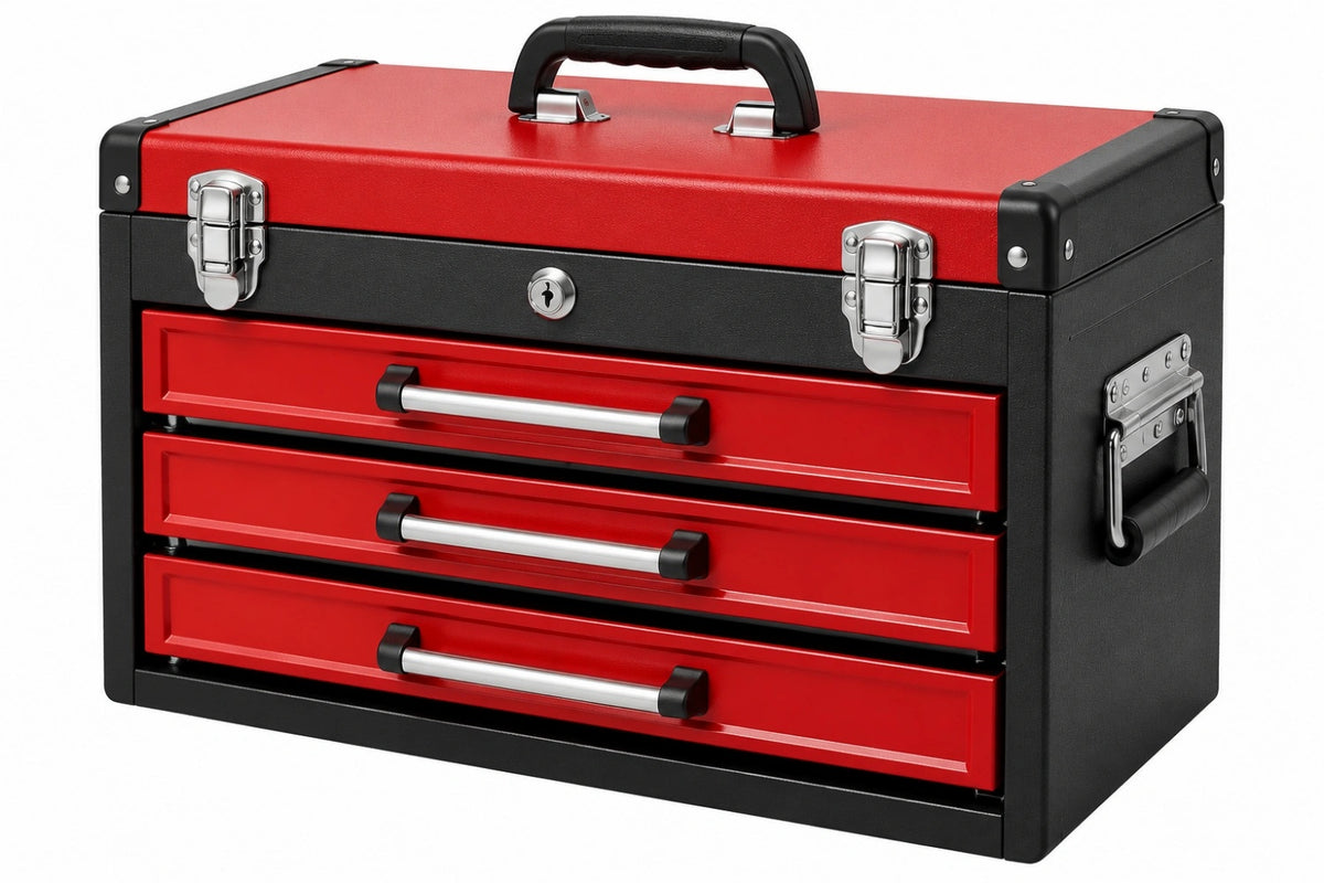 Cassettiera portautensili 60 x 30 x 40 cm in metallo rosso e nero con 3 cassetti e maniglia