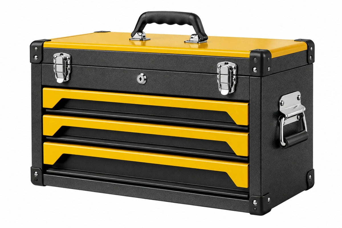 Cassetta portautensili 51 x 30 x 35 cm in metallo giallo e nero con 3 cassetti e serratura
